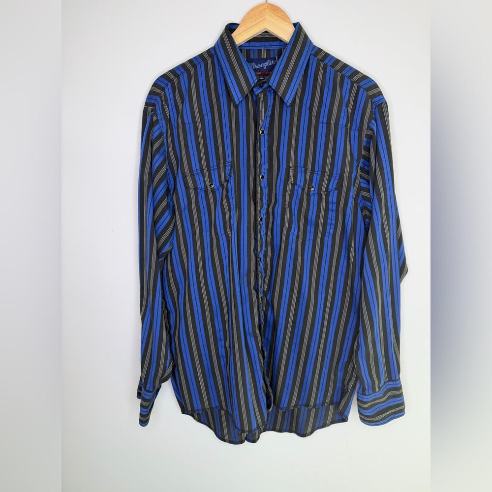 Wrangler Black and Blue Vertical Stripe Button-Down Shirt